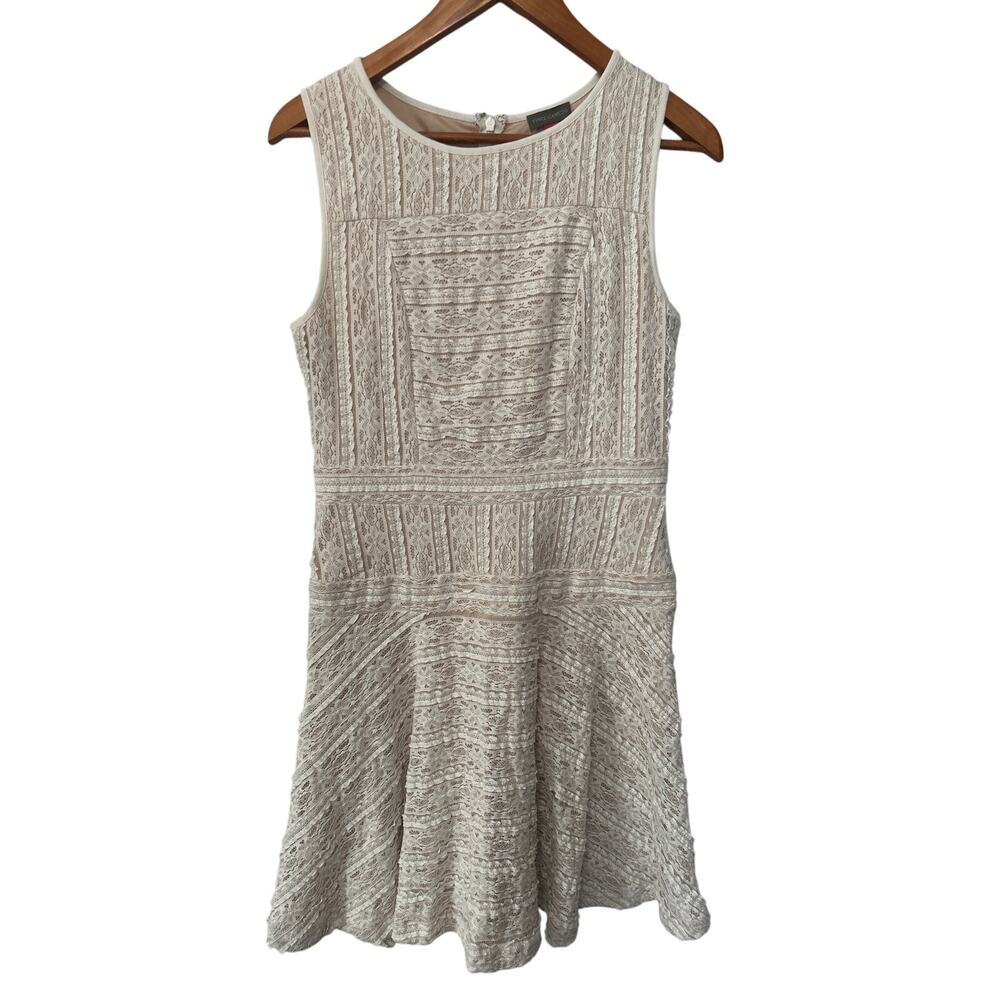 Vince Camuto Dress Cream‎ & Tan Underlay Lace Drop Waist Midi Sleeveless Size S